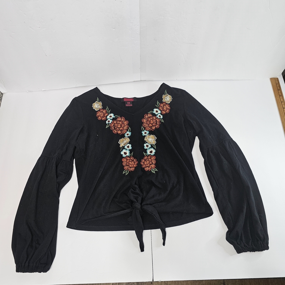 Rock & Roll Denim Chic Black Blouse with Bohemian Embroidered Floral Size M - Picture 15 of 15